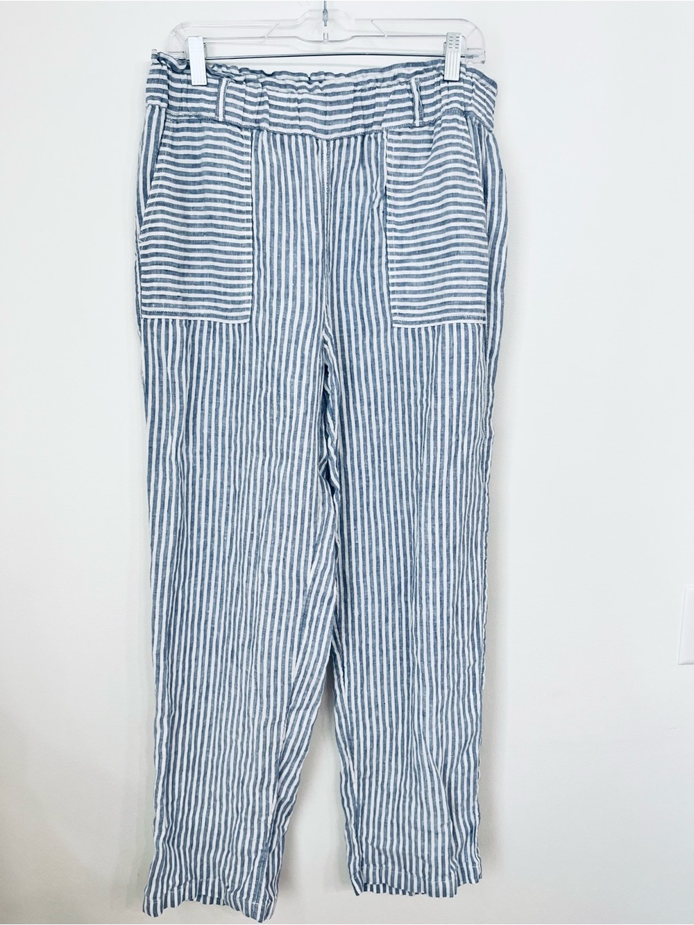 Linen Sigrid Olsen Blue White Striped Straight Leg Pants Pockets Casual Womens L
